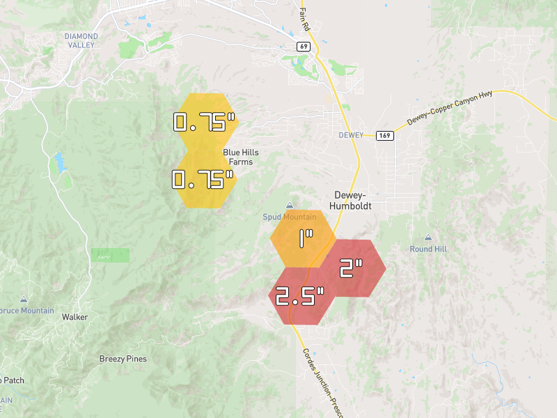 Hail map of Dewey, AZ on Jul 12, 2026, hail up to 2.5"