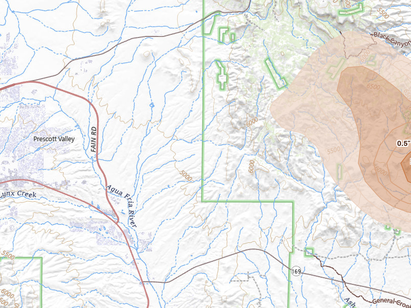 Radar-estimated hail-size map of the storm over Dewey, AZ on Jul 20, 2026