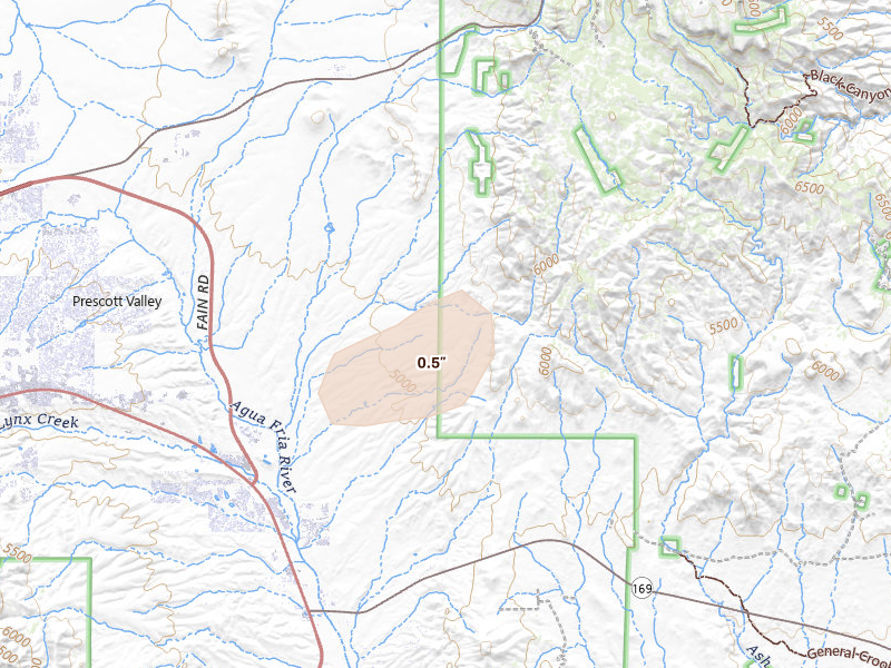 Radar-estimated hail-size map of the storm over Dewey, AZ on Jul 27, 2026