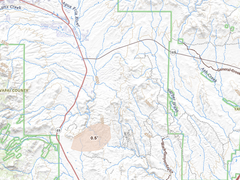 Radar-estimated hail-size map of the storm over Dewey, AZ on Aug 5, 2026