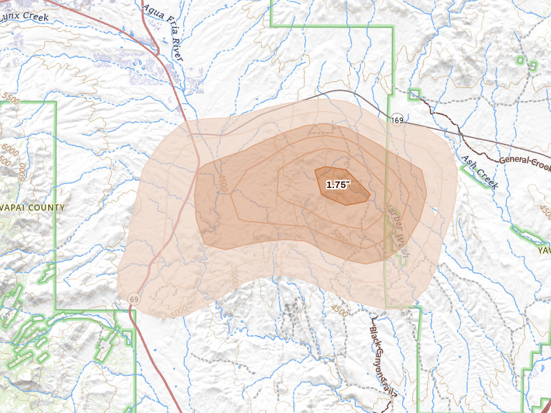 Radar-estimated hail-size map of the storm over Dewey, AZ on Aug 8, 2026