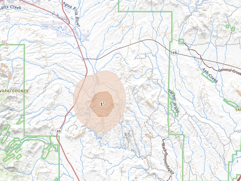 Radar-estimated hail-size map of the storm over Dewey, AZ on Aug 20, 2026