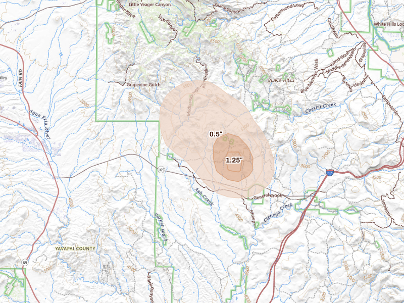 Radar-estimated hail-size map of the storm over Dewey, AZ on Sep 11, 2026