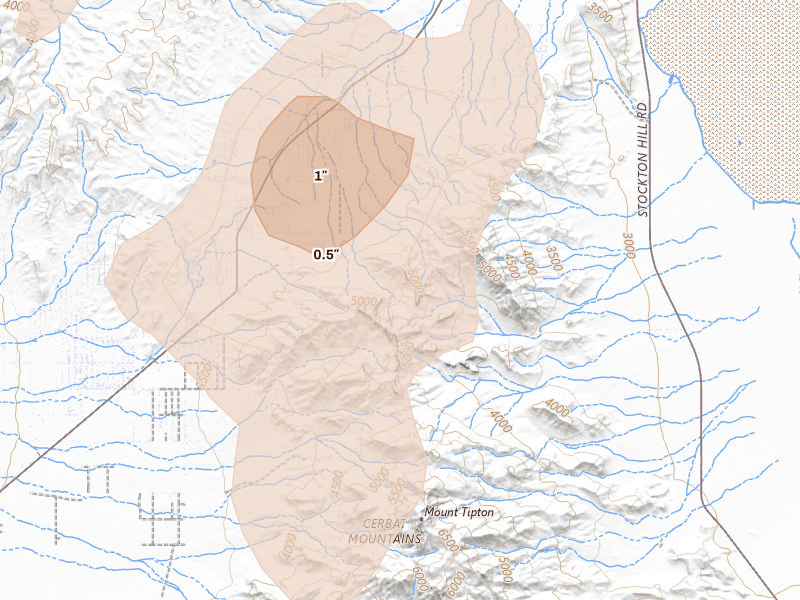 Radar-estimated hail-size map of the storm over Dolan Springs, AZ on Aug 14, 2026