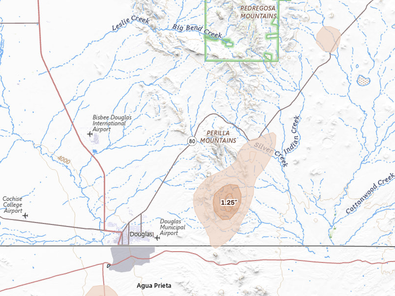 Radar-estimated hail-size map of the storm over Douglas, AZ on Jul 27, 2026