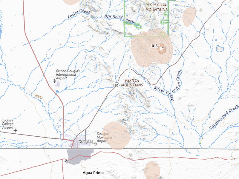Radar-estimated hail-size map of the storm over Douglas, AZ on Jul 29, 2026