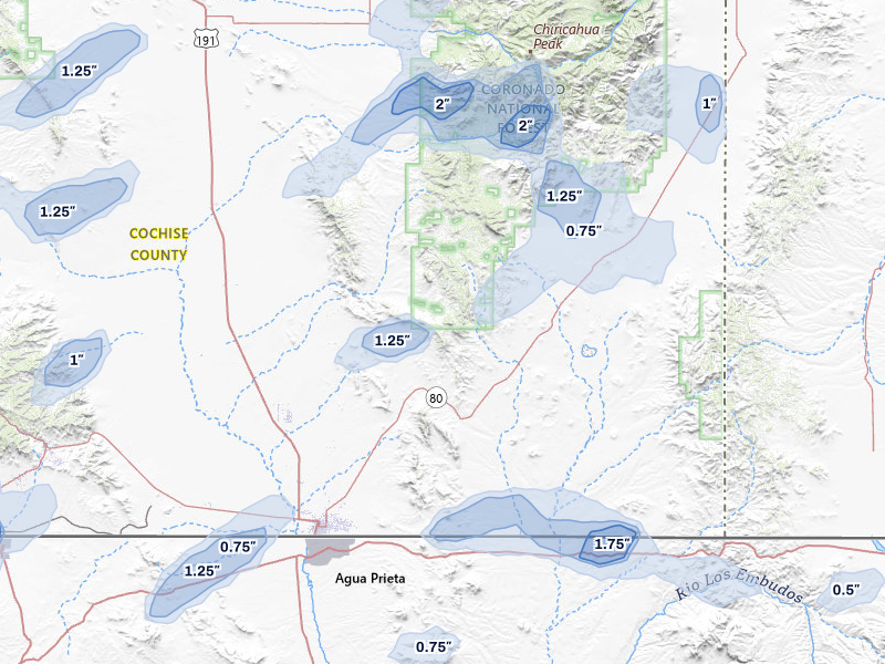 NEXRAD radar-signature map of the hail storm over Douglas, AZ on Aug 3, 2026
