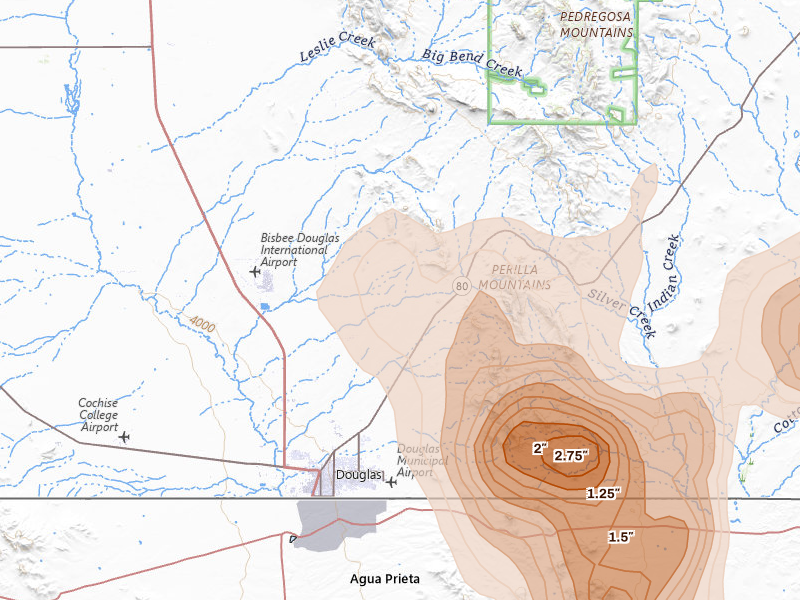 Radar-estimated hail-size map of the storm over Douglas, AZ on Aug 4, 2026