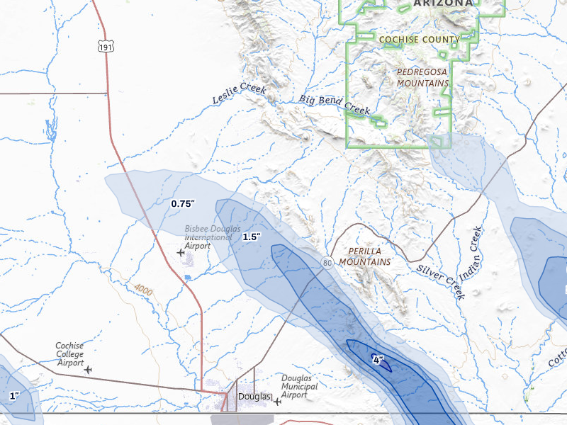 NEXRAD radar-signature map of the hail storm over Douglas, AZ on Aug 4, 2026