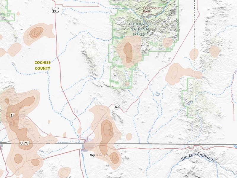Radar-estimated hail-size map of the storm over Douglas, AZ on Aug 5, 2026