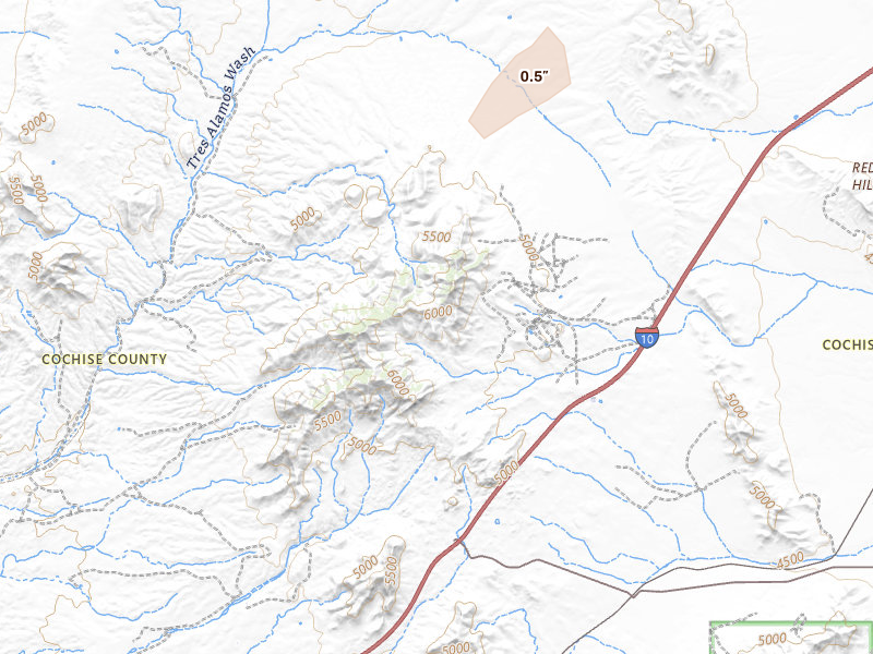 Radar-estimated hail-size map of the storm over Dragoon, AZ on Jul 11, 2026