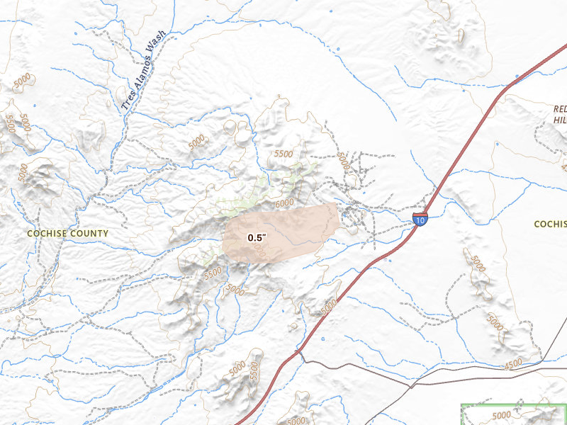 Radar-estimated hail-size map of the storm over Dragoon, AZ on Aug 9, 2026