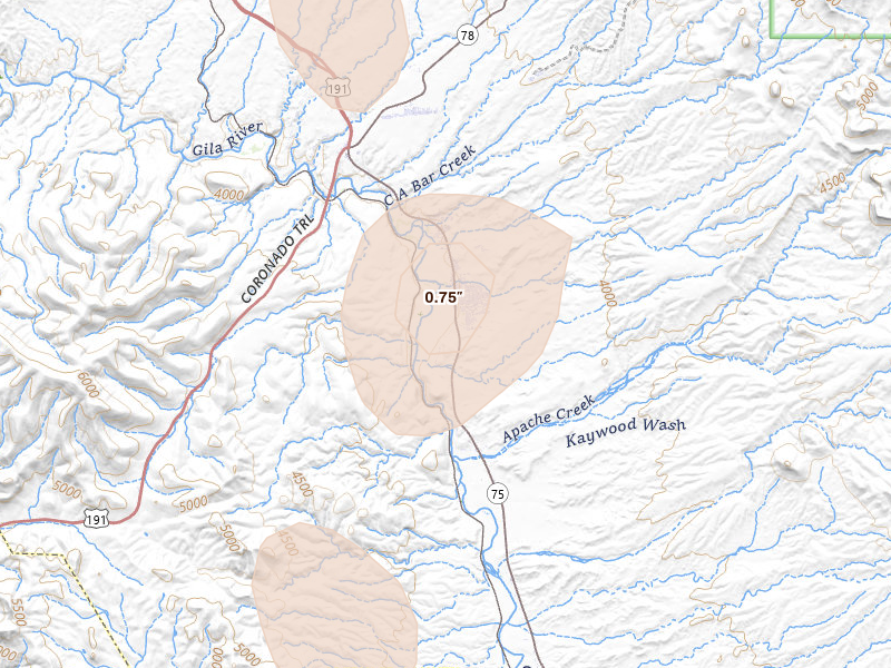Radar-estimated hail-size map of the storm over Duncan, AZ on Jul 11, 2026