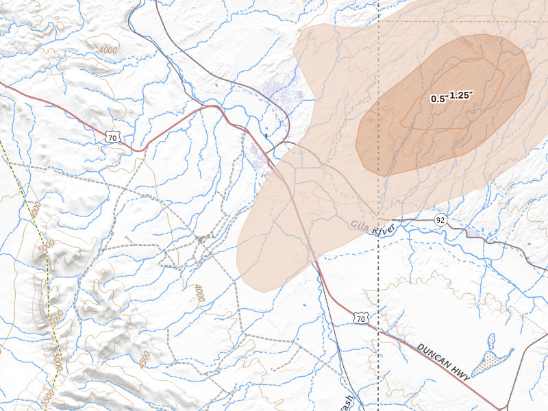 Radar-estimated hail-size map of the storm over Duncan, AZ on Aug 4, 2026