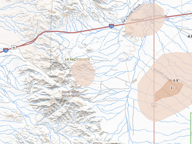 Radar-estimated hail-size map of the storm over Ehrenberg, AZ on Aug 12, 2026