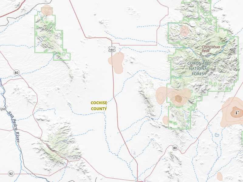 Radar-estimated hail-size map of the storm over Elfrida, AZ on Jun 3, 2026