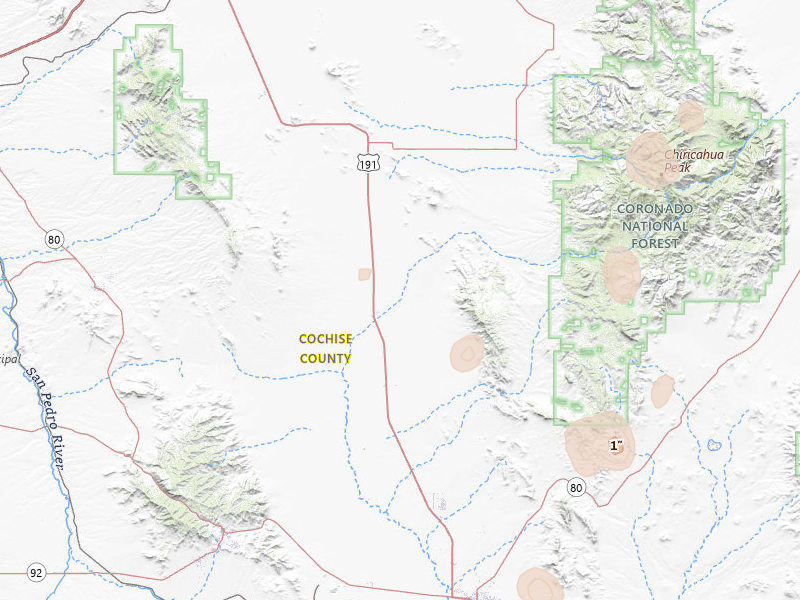 Radar-estimated hail-size map of the storm over Elfrida, AZ on Jul 29, 2026