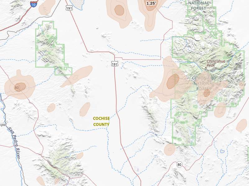 Radar-estimated hail-size map of the storm over Elfrida, AZ on Aug 3, 2026