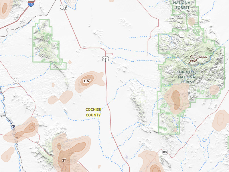 Radar-estimated hail-size map of the storm over Elfrida, AZ on Aug 5, 2026