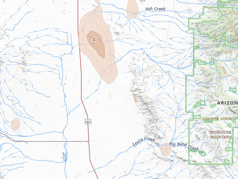 Radar-estimated hail-size map of the storm over Elfrida, AZ on Aug 11, 2026