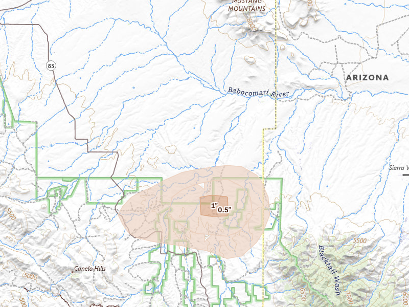 Radar-estimated hail-size map of the storm over Elgin, AZ on Aug 3, 2026