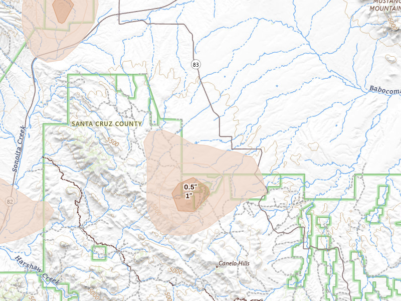 Radar-estimated hail-size map of the storm over Elgin, AZ on Aug 5, 2026