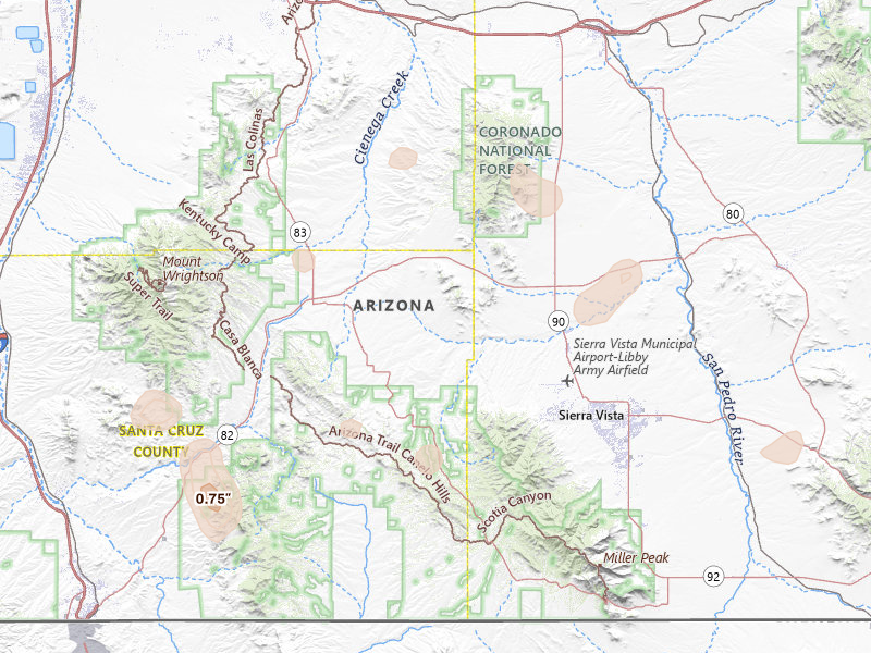 Radar-estimated hail-size map of the storm over Elgin, AZ on Aug 27, 2026