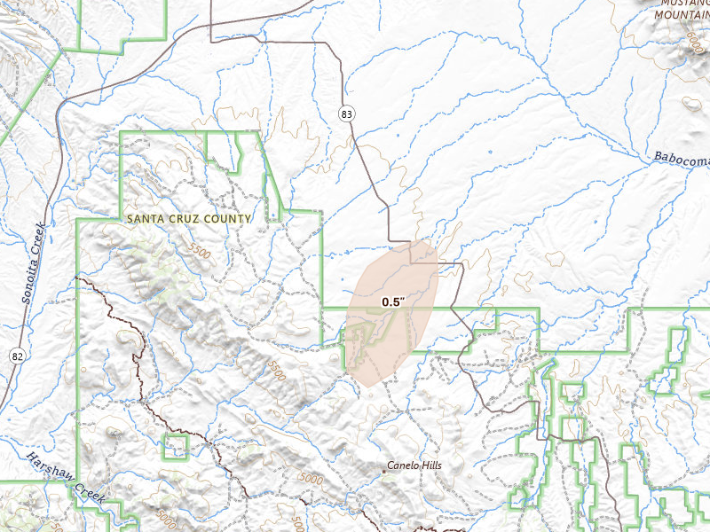 Radar-estimated hail-size map of the storm over Elgin, AZ on Aug 31, 2026