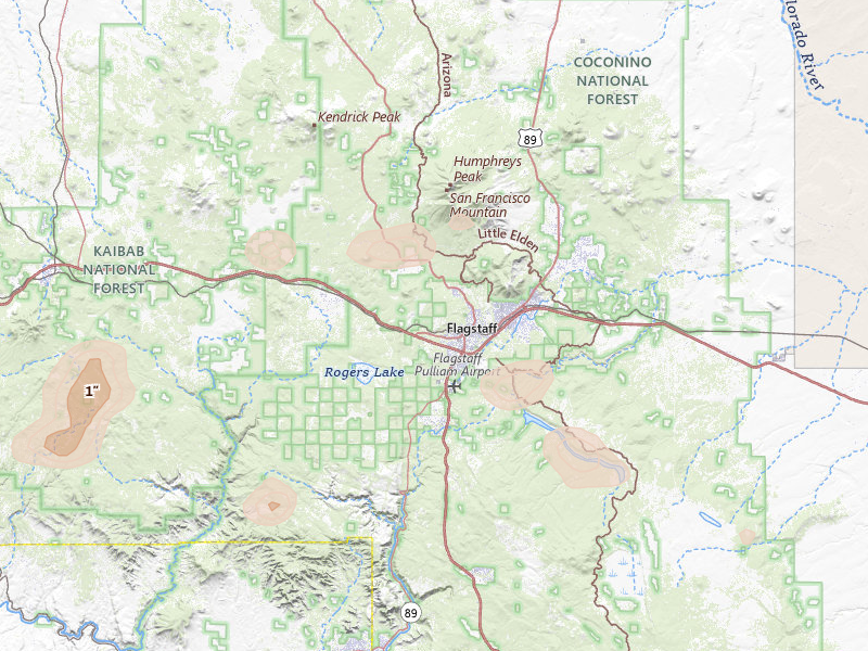 Radar-estimated hail-size map of the storm over Flagstaff, AZ on Jul 20, 2026