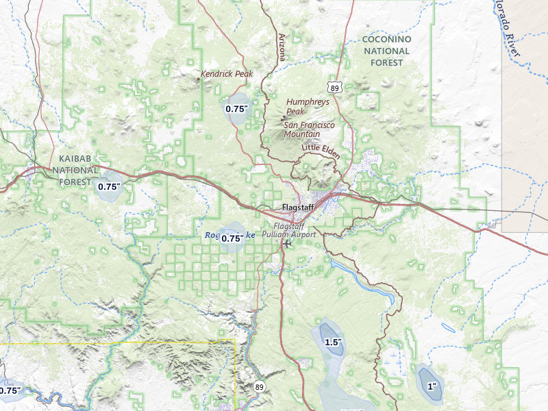 NEXRAD radar-signature map of the hail storm over Flagstaff, AZ on Jul 23, 2026