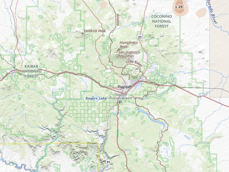Radar-estimated hail-size map of the storm over Flagstaff, AZ on Jul 29, 2026