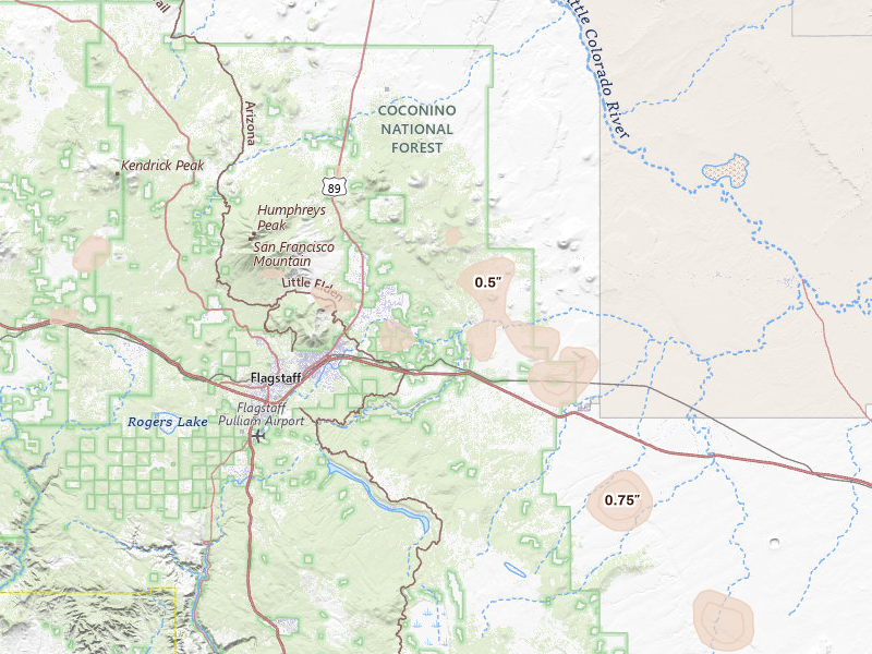Radar-estimated hail-size map of the storm over Flagstaff, AZ on Aug 5, 2026