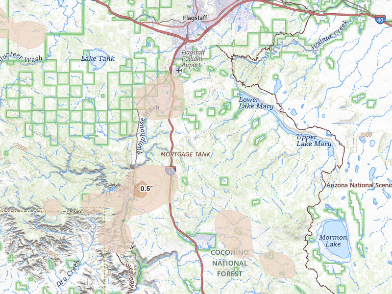 Radar-estimated hail-size map of the storm over Flagstaff, AZ on Aug 6, 2026