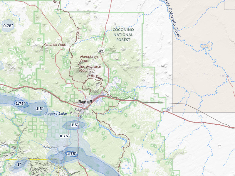 NEXRAD radar-signature map of the hail storm over Flagstaff, AZ on Aug 6, 2026