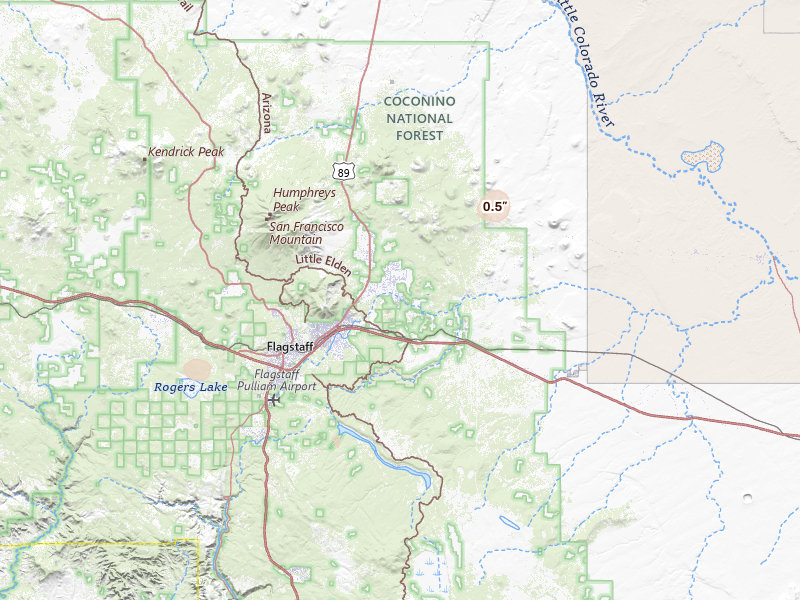 Radar-estimated hail-size map of the storm over Flagstaff, AZ on Aug 10, 2026