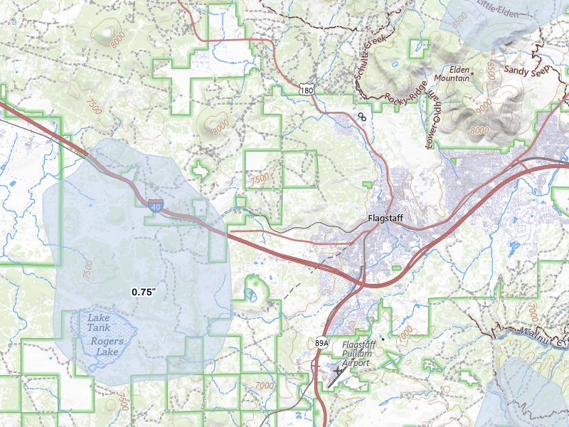 NEXRAD radar-signature map of the hail storm over Flagstaff, AZ on Aug 10, 2026