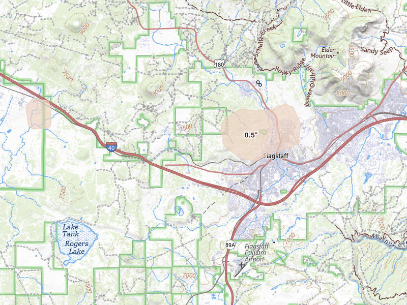 Radar-estimated hail-size map of the storm over Flagstaff, AZ on Aug 11, 2026