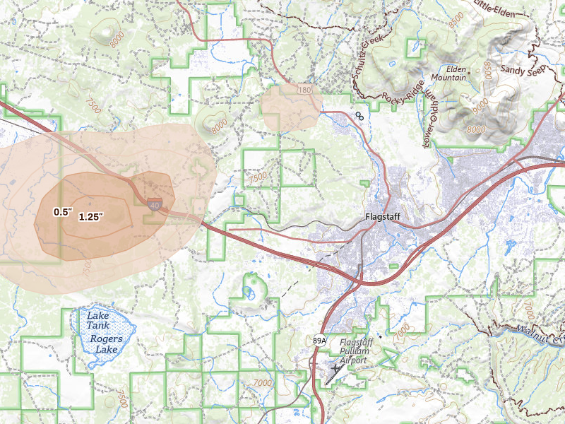 Radar-estimated hail-size map of the storm over Flagstaff, AZ on Aug 20, 2026