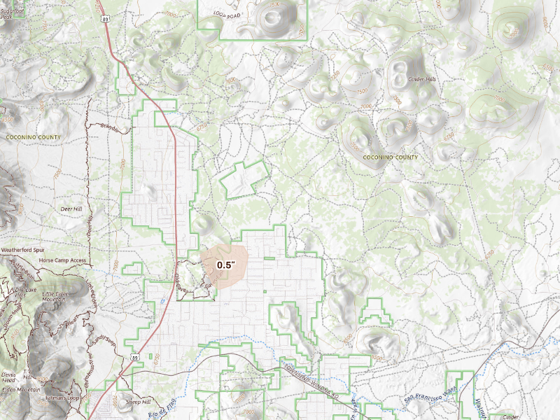 Radar-estimated hail-size map of the storm over Flagstaff, AZ on Sep 23, 2026