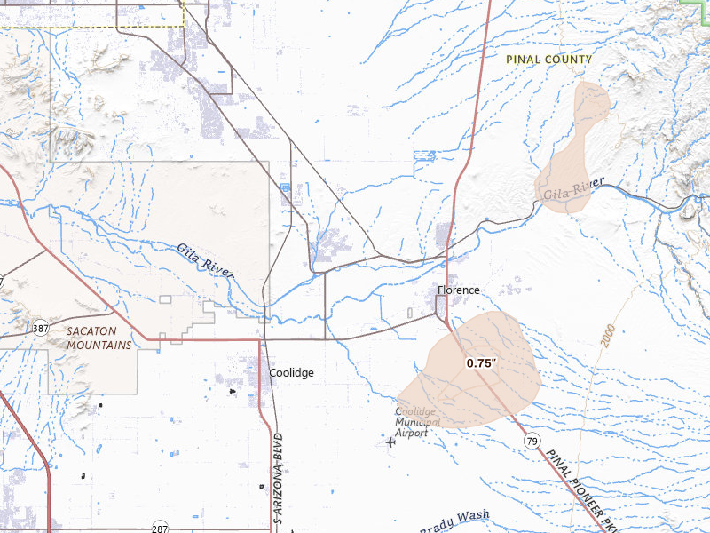 Radar-estimated hail-size map of the storm over Florence, AZ on Jul 13, 2026