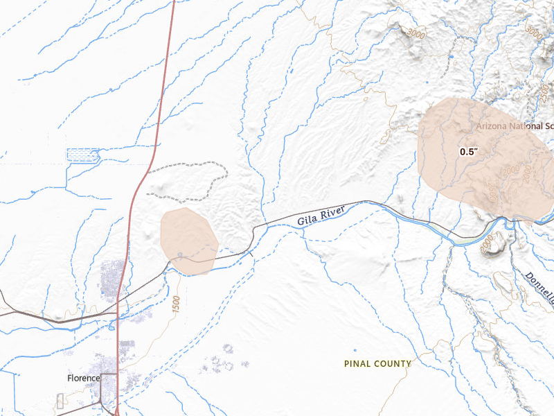 Radar-estimated hail-size map of the storm over Florence, AZ on Aug 19, 2026