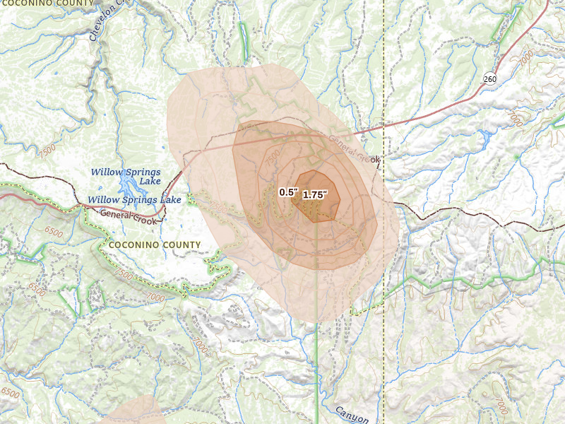 Radar-estimated hail-size map of the storm over Forest Lakes, AZ on Aug 8, 2026