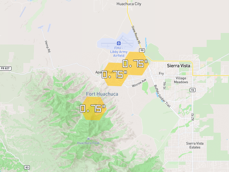 Hail map of Fort Huachuca, AZ on Jul 11, 2026, hail up to 0.75"