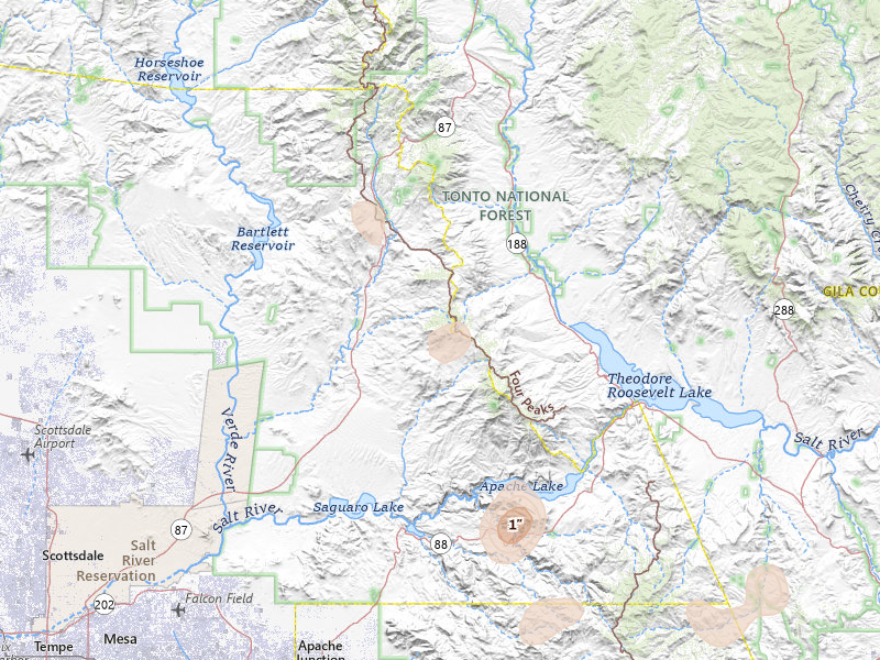 Radar-estimated hail-size map of the storm over Fort Mcdowell, AZ on Jul 12, 2026