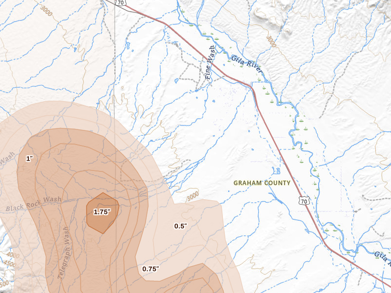 Radar-estimated hail-size map of the storm over Fort Thomas, AZ on Aug 10, 2026