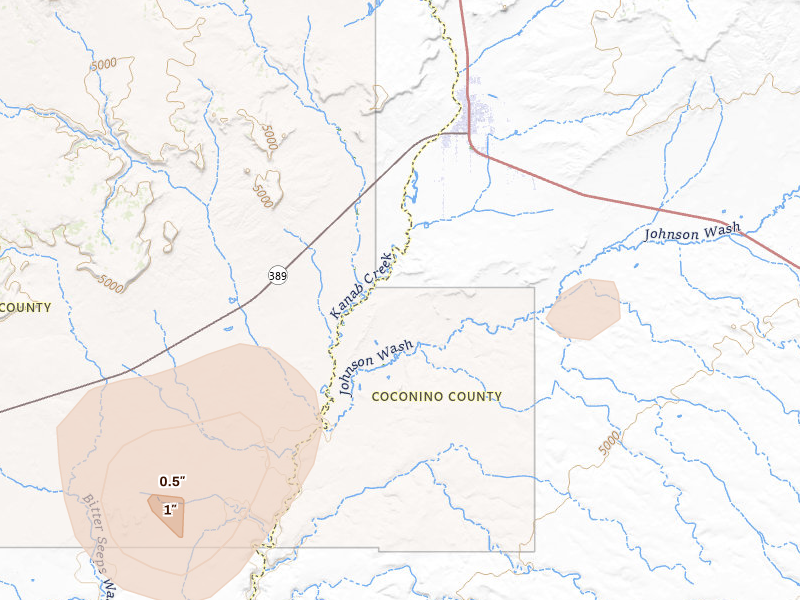 Radar-estimated hail-size map of the storm over Fredonia, AZ on Aug 13, 2026