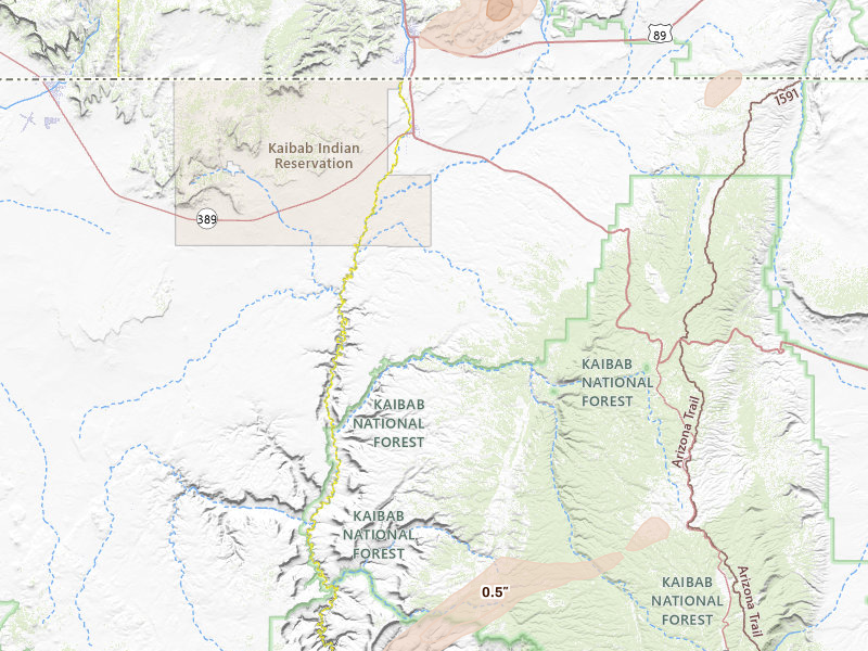Radar-estimated hail-size map of the storm over Fredonia, AZ on Aug 30, 2026