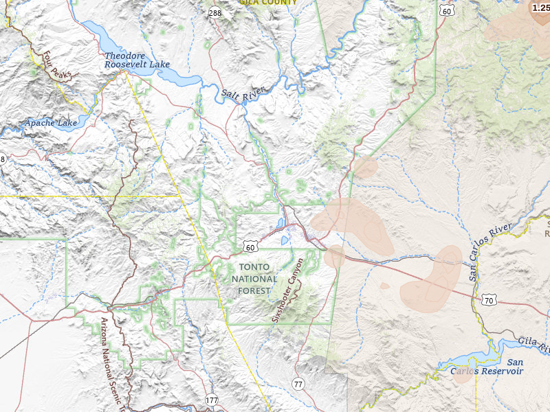 Radar-estimated hail-size map of the storm over Globe, AZ on Jul 11, 2026