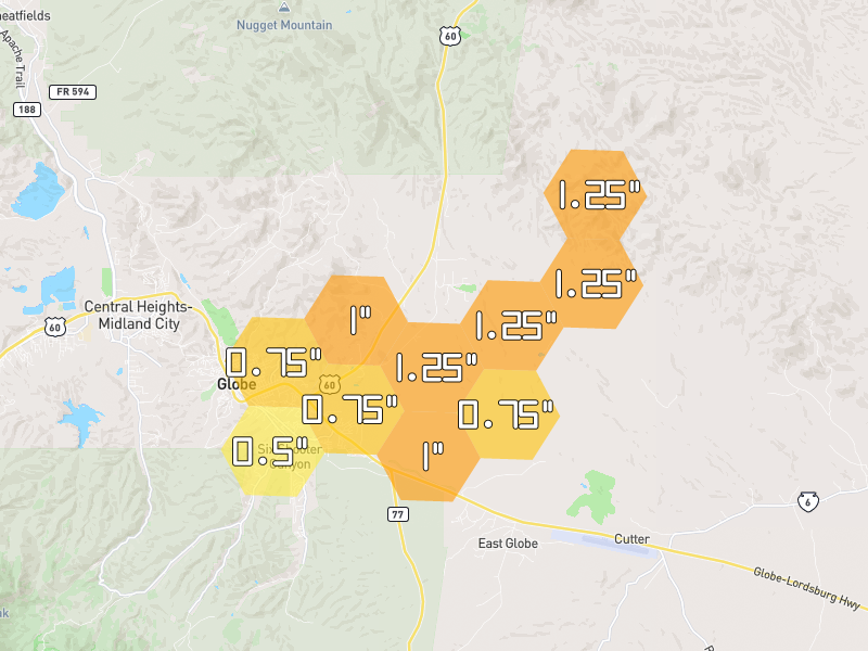 Hail map of Globe, AZ on Jul 11, 2026, hail up to 1.25"