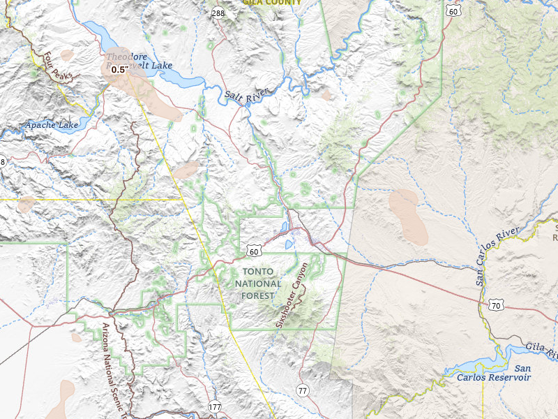 Radar-estimated hail-size map of the storm over Globe, AZ on Jul 13, 2026